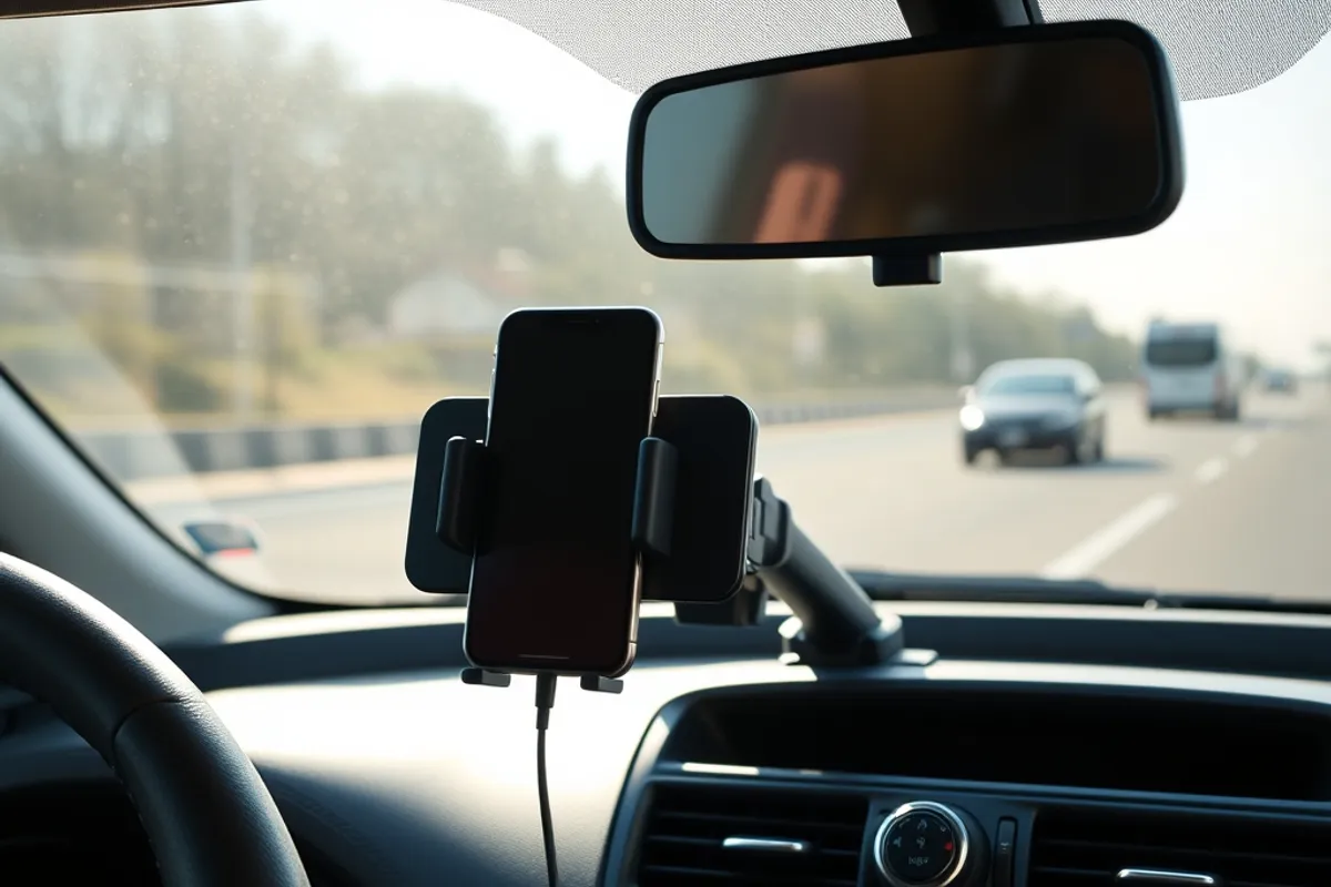 smartphone secured in a sturdy dashboard car mount on a sunny commute