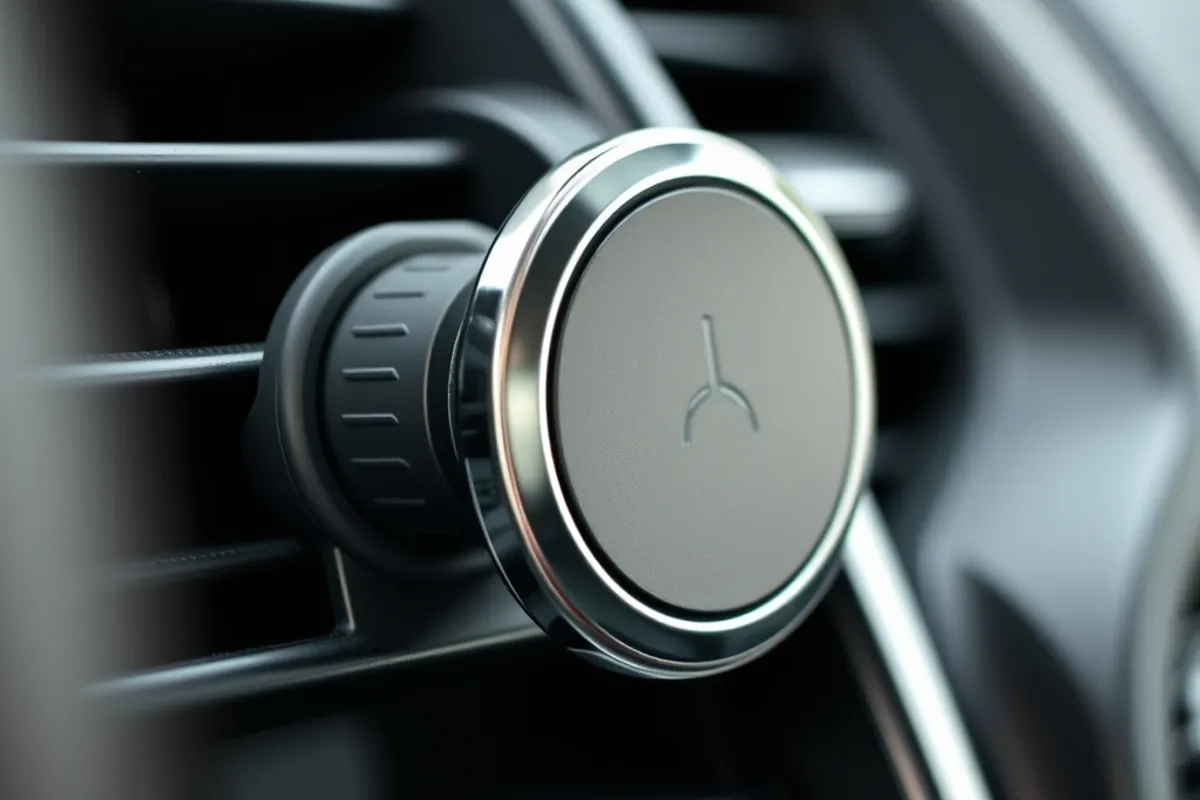 close up of a magnetic phone mount attached to a car air vent