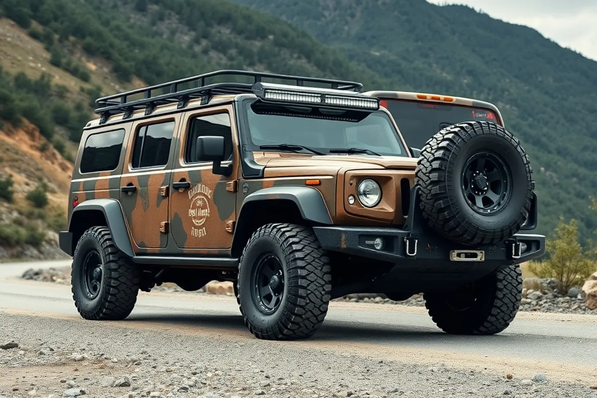 rugged off road SUV with all terrain tyres on a gravel mountain road