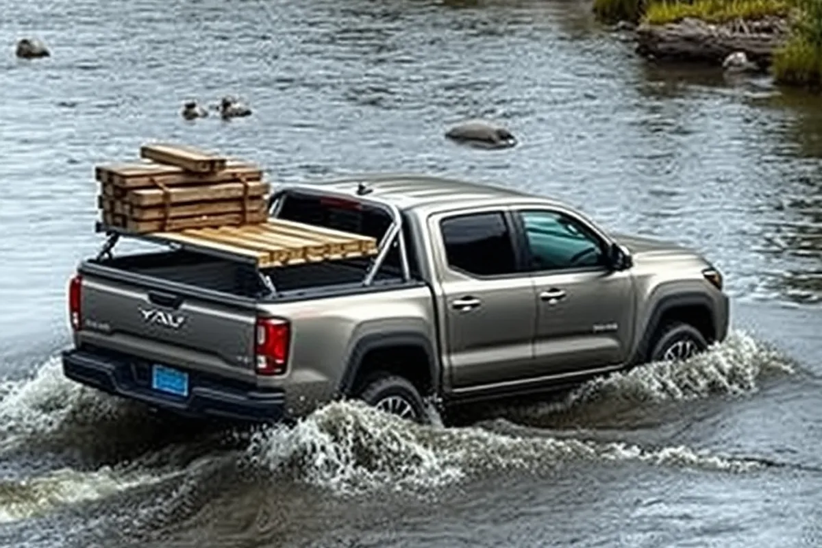 pickup truck crossing a shallow stream with a loaded bed