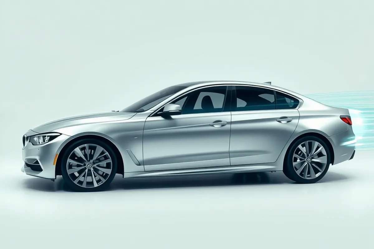 wind tunnel test of a sleek silver sedan with visible airflow lines