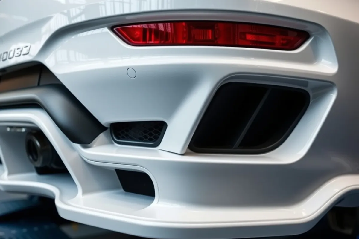 close up of a car rear diffuser and sculpted bumper on a lift