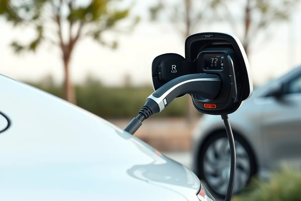 electric car charging with a low roofline and flush door handles in the background