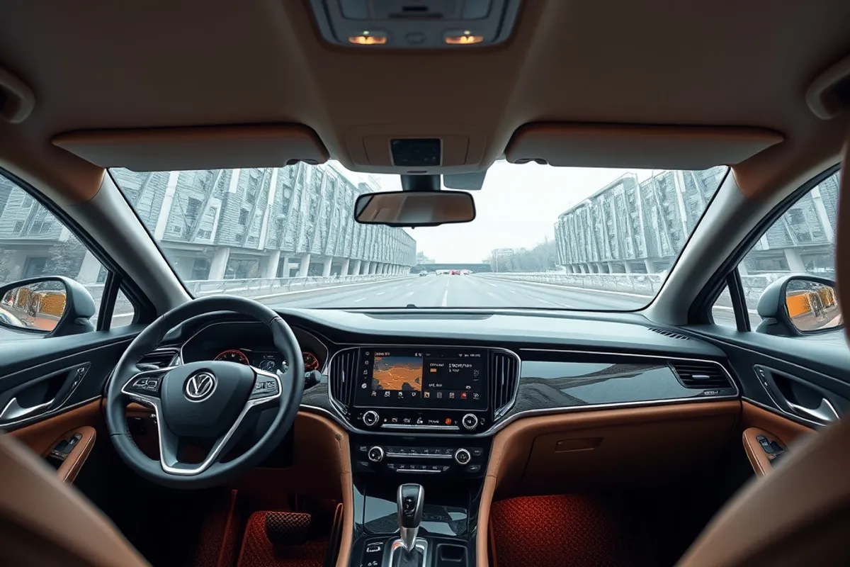 modern car interior with a clean dashboard, warm materials and a wide central screen