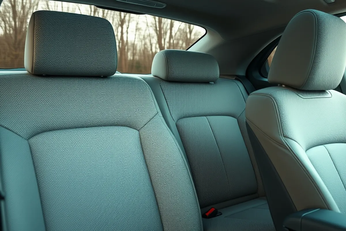 rear seat of a family car with light fabric upholstery and ambient lighting