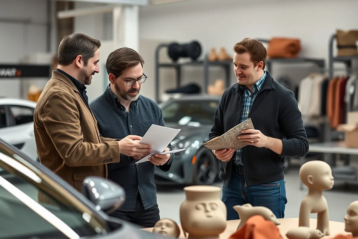 designer reviewing clay models and fabric samples in an automotive studio