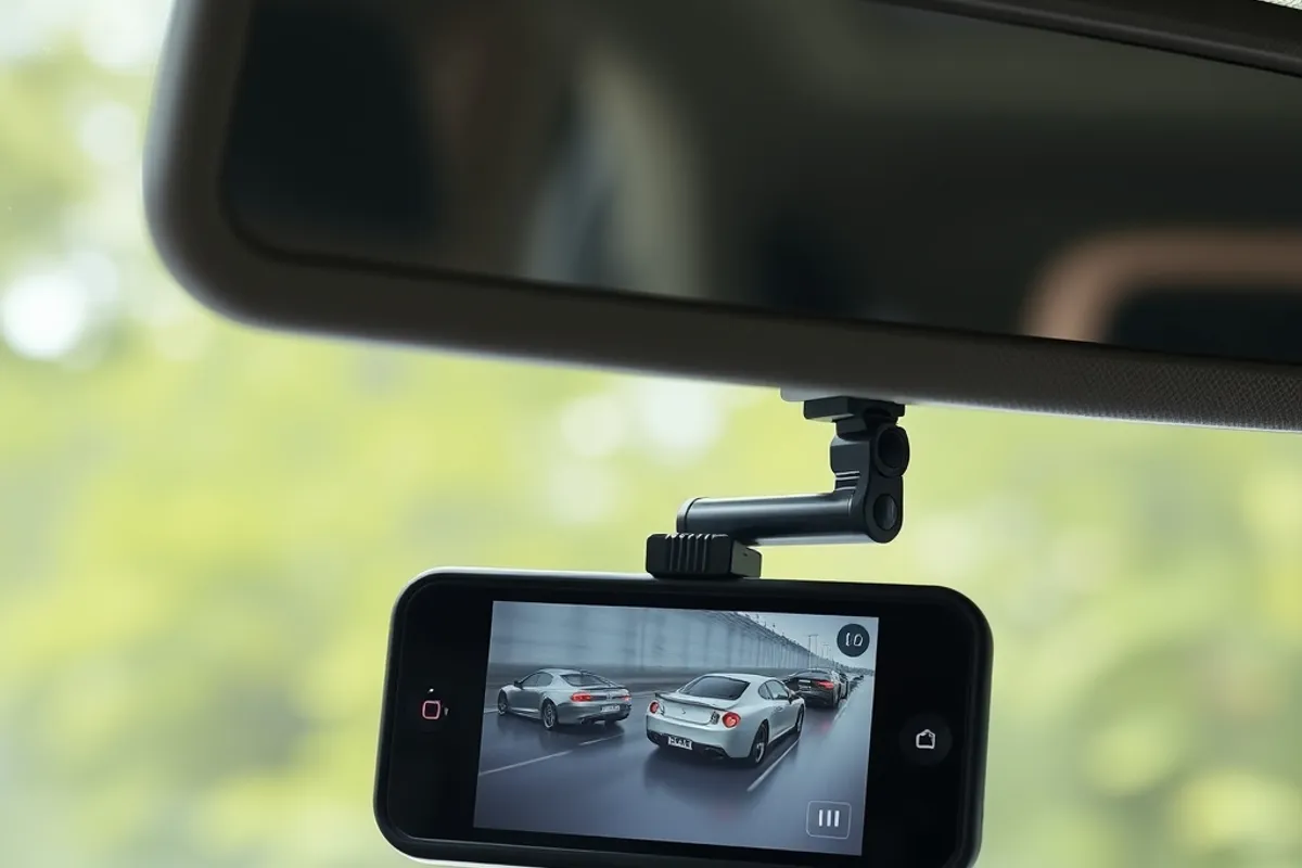 compact dash cam mounted behind a car rear view mirror