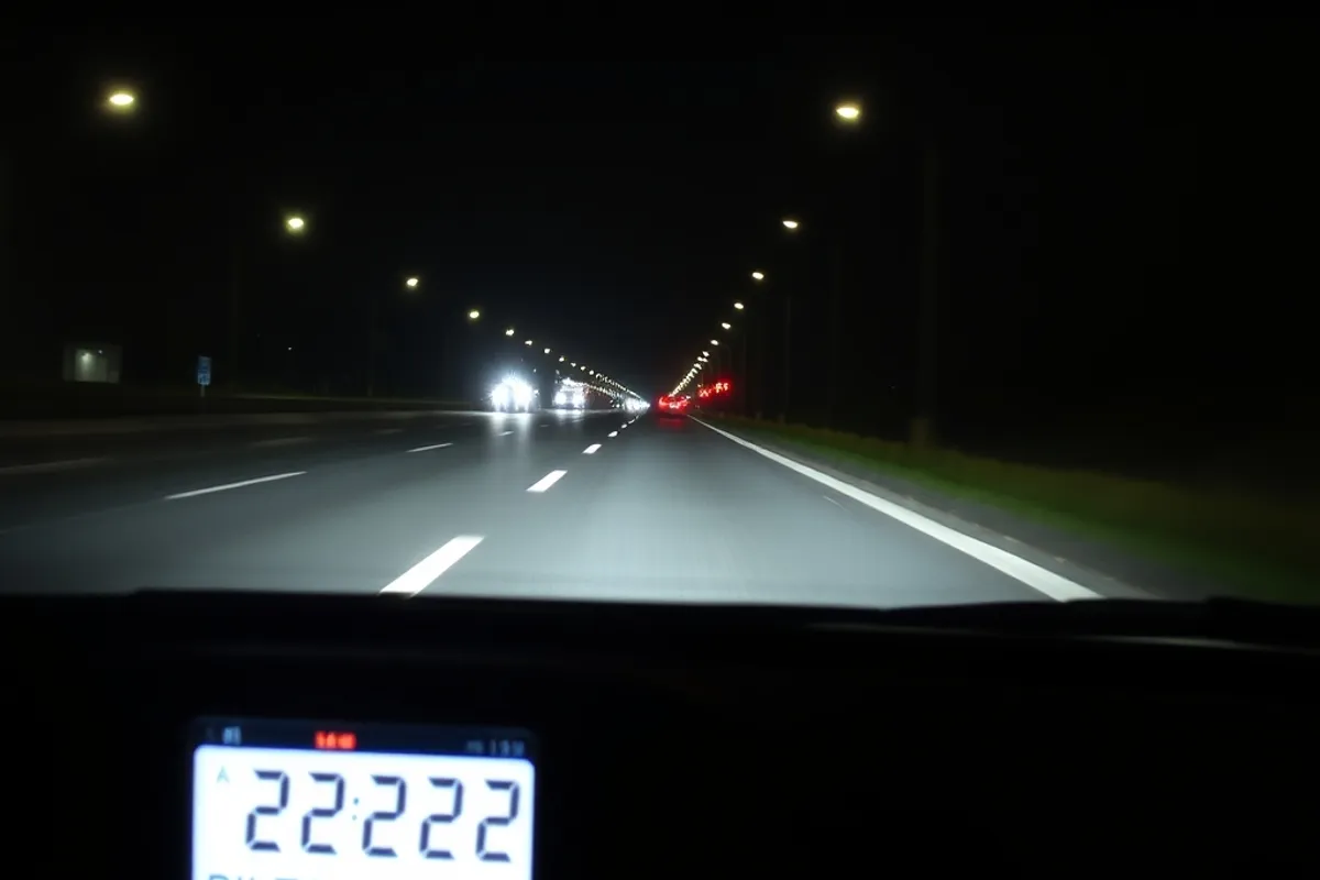 close up of dash cam footage showing a clear number plate on a night road