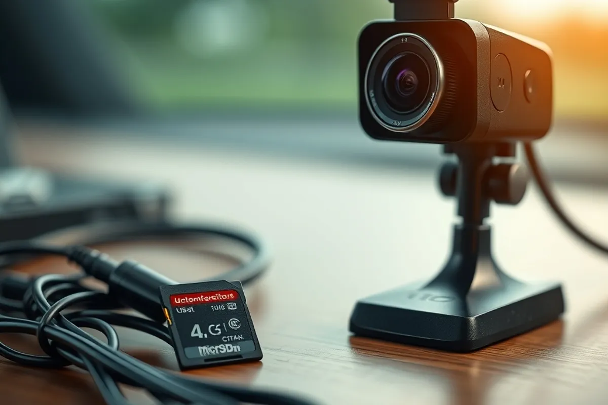 microSD card and cable beside a dash camera on a desk