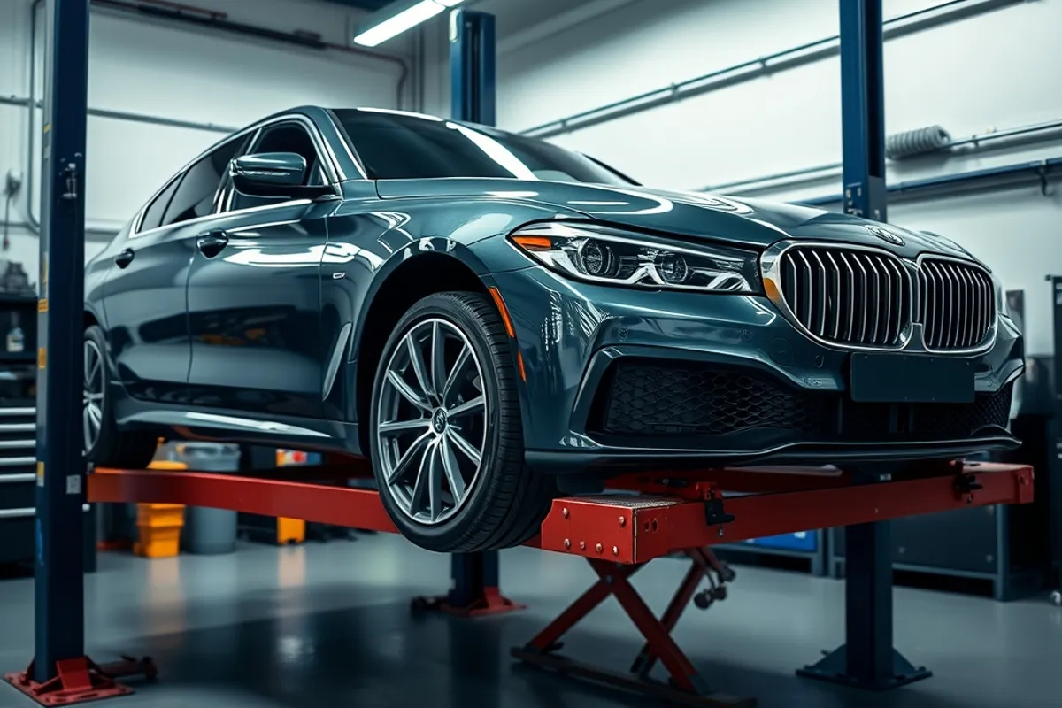 luxury sedan on a lift in a clean service workshop