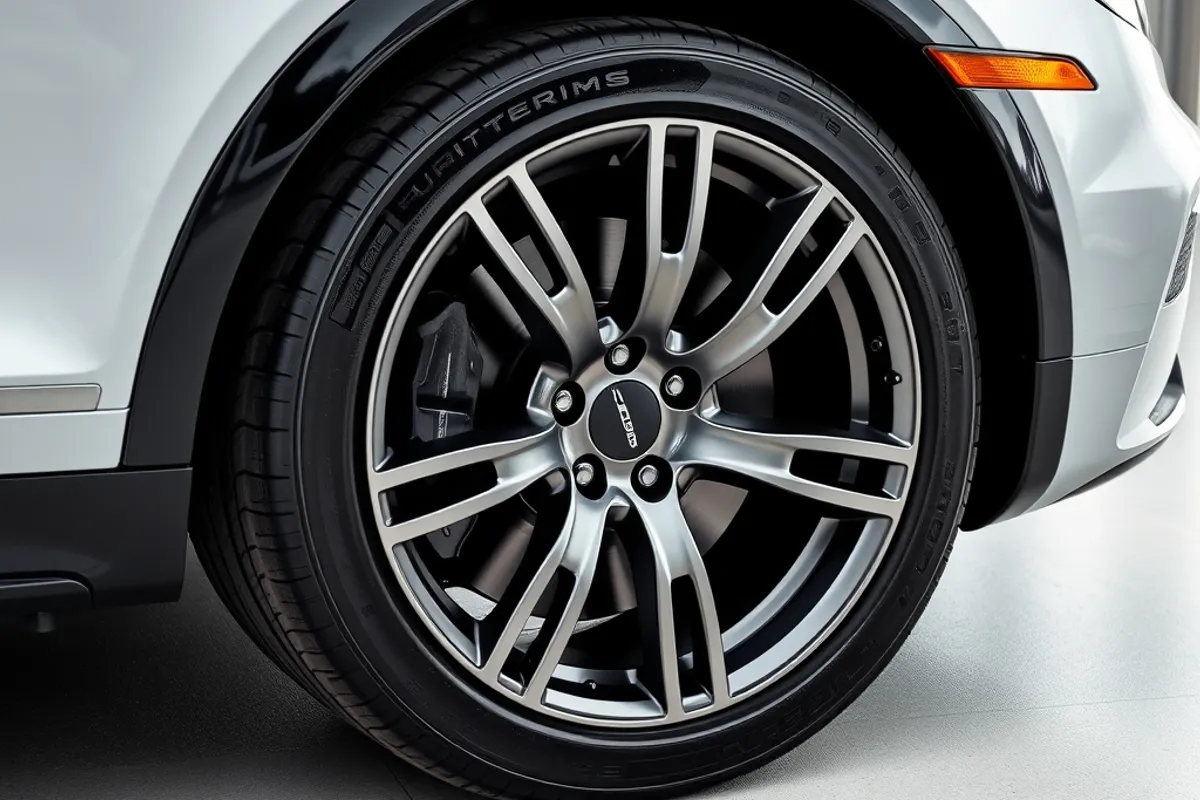 close up of a large low profile tyre and alloy wheel on a premium car