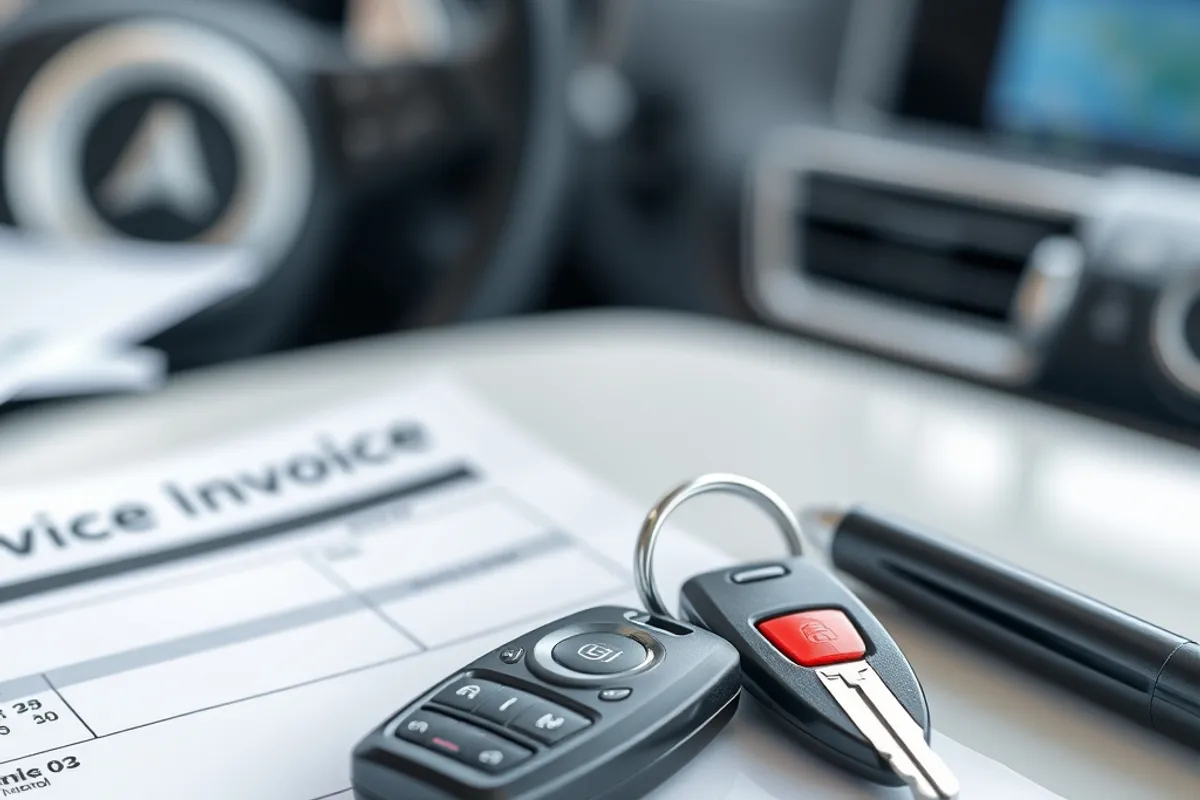 service invoice and car keys on a dealership desk