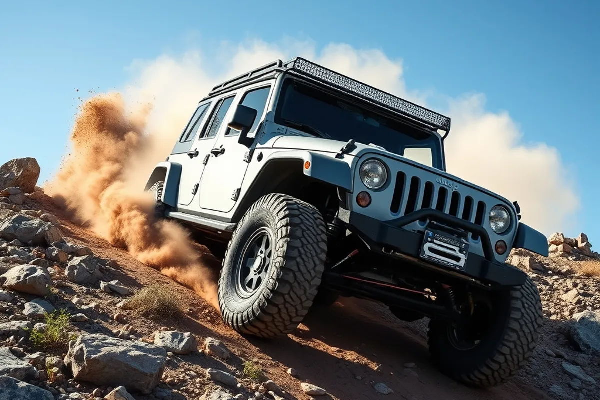 off road vehicle climbing a rocky trail with dust in the air