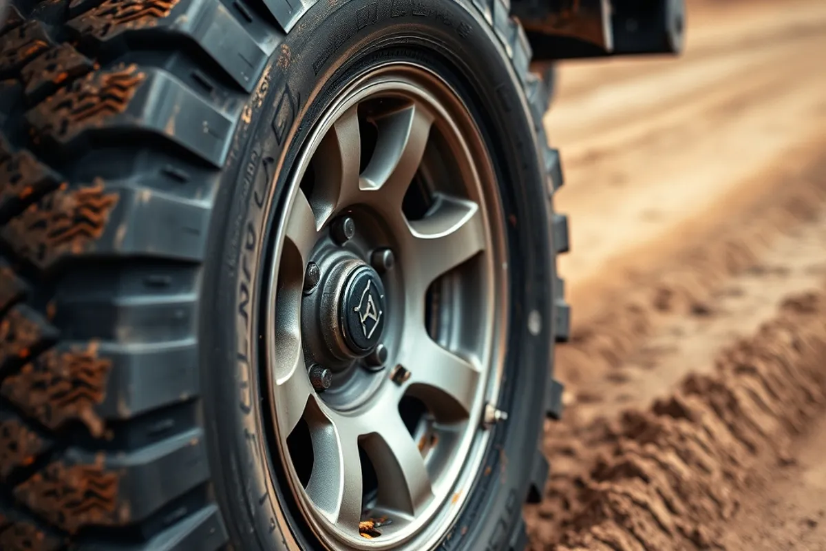 close up of aggressive all terrain tyre on a dirt track