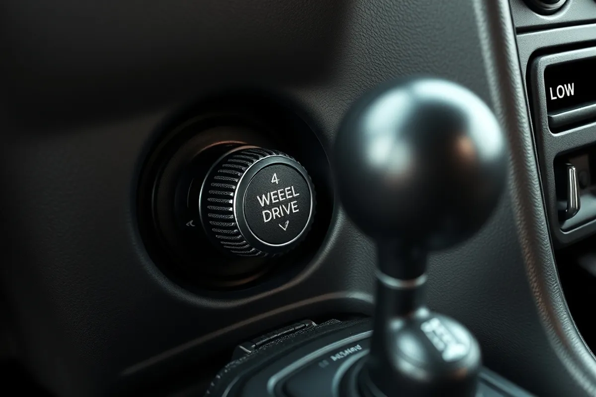 four wheel drive selector and low range lever inside an off road vehicle