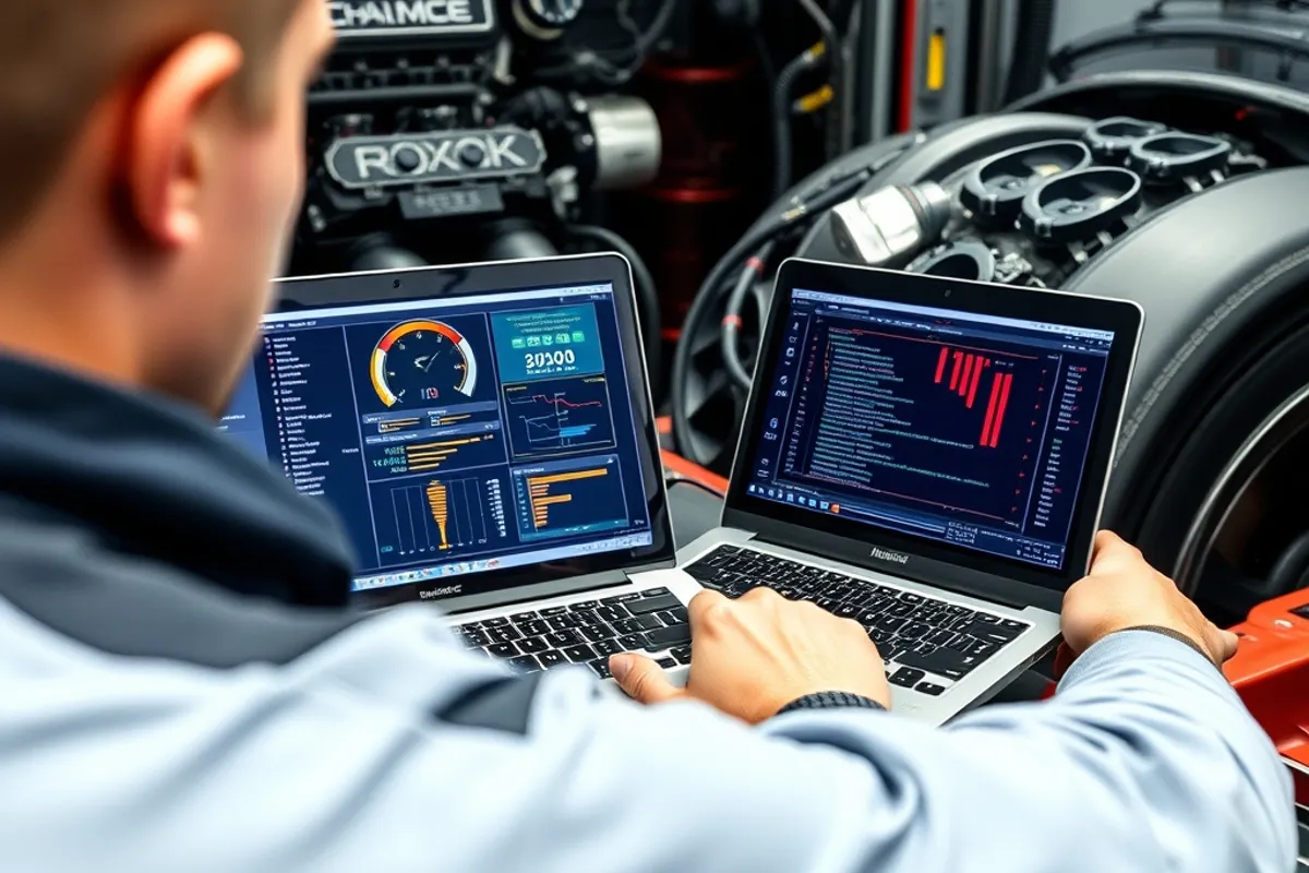 engine tuner using a laptop to adjust ECU software on a dyno