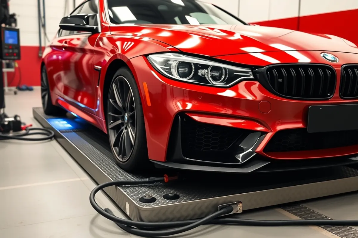 car on a dynamometer with sensors attached during a power run