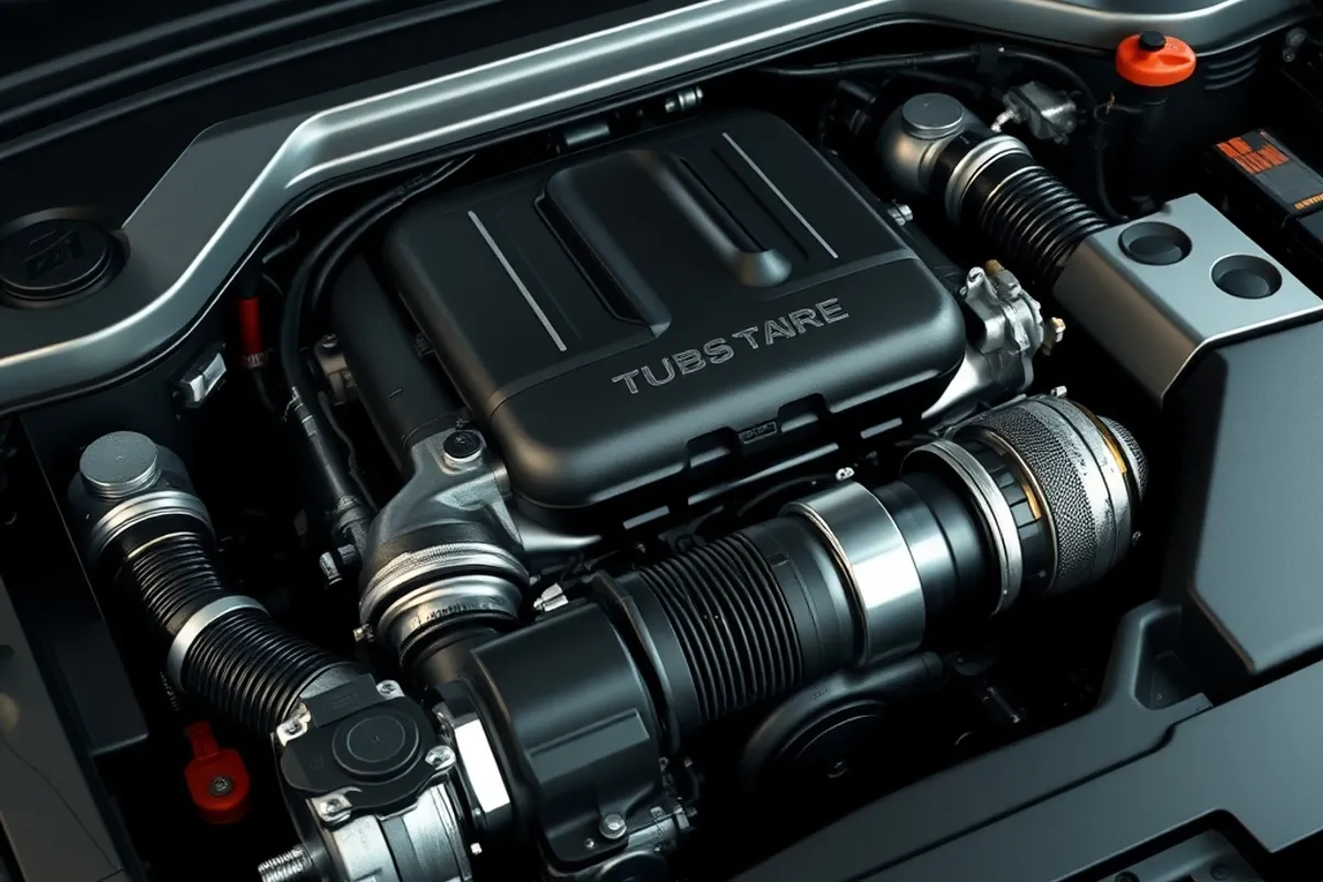 turbocharged four cylinder engine bay with visible intercooler piping