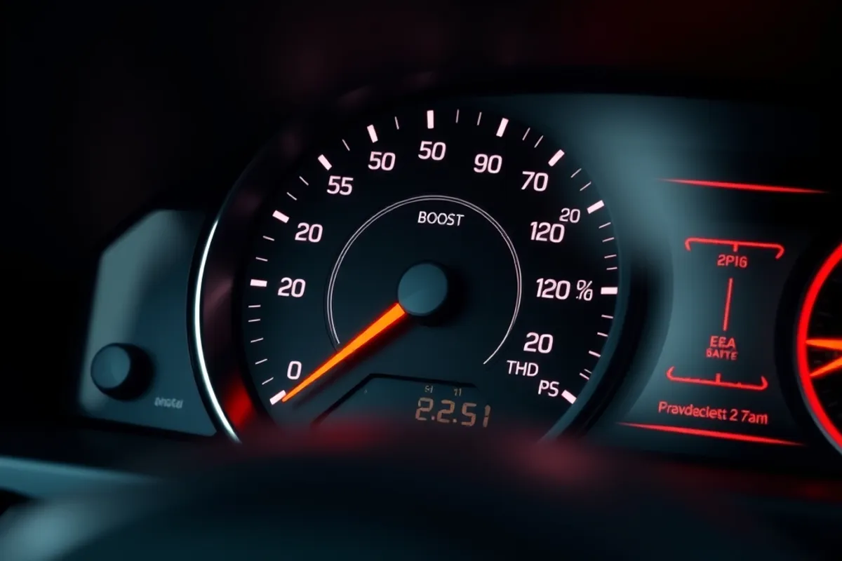 boost gauge and tachometer on a car dashboard during acceleration