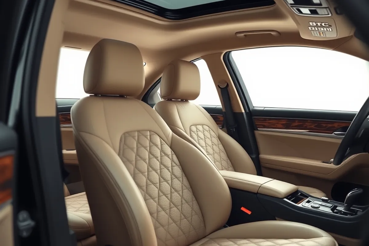 interior of a luxury sedan with quilted leather seats and open pore wood trim