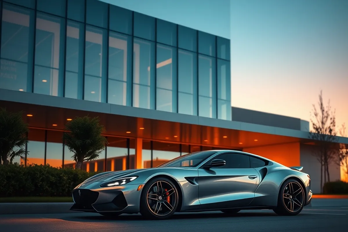 luxury car parked in front of a modern architectural building at dusk